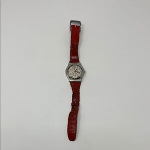 Vintage Swatch Swiss Men's Silver Watch with Red Leather Strap